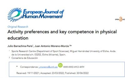 Barrachina-Peris, J., & Moreno-Murcia, J. A. (2022). Activity preferences and key competence in physical education. European Journal of Human Movement, 48, 75-84. http://10.21134/eurjhm.2022.48.8
