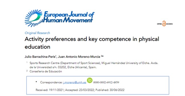 Barrachina-Peris, J., & Moreno-Murcia, J. A. (2022). Activity preferences and key competence in physical education. European Journal of Human Movement, 48, 75-84. http://10.21134/eurjhm.2022.48.8